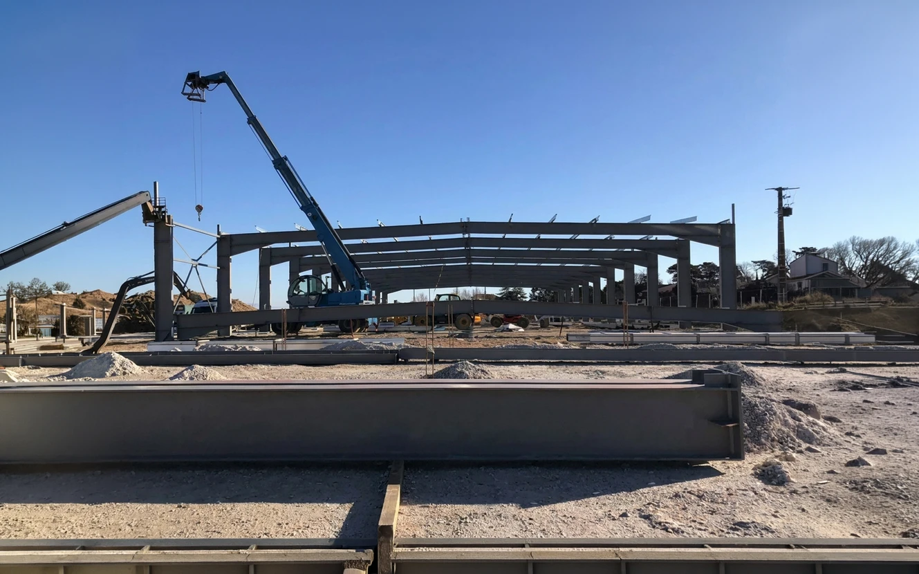 Chantier de construction en extérieur, ciel bleu dégagé